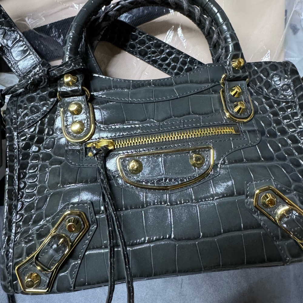 Balenciaga City Bag Black and Gold Structured Satchel with Crocodile Pattern